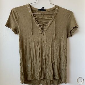 lace up navy green top